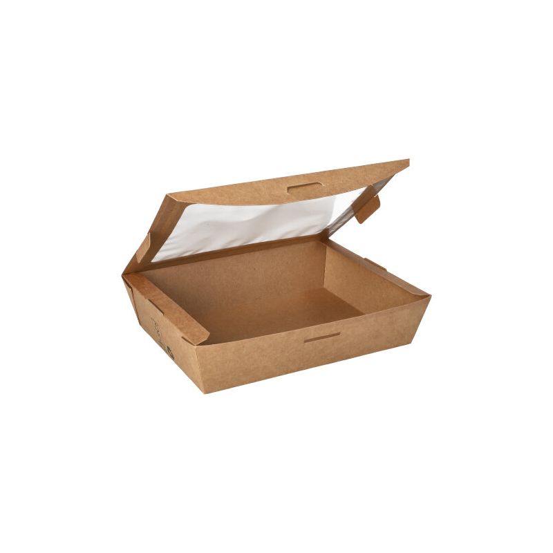 Feinkostboxen, Pappe mit Sichtfenster aus PLA "pure" eckig 1000 ml 15 x 19,5 cm x 4,5 cm braun "100% Fair" - Bild 1