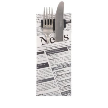 Bestickficka 20 cm x 8,5 cm svart/vit "Newsprint" inkl. svart servett 33 x 33 cm 2-lag.