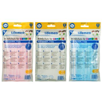 "Lifemed" Kinder-Mundschutz 3-lagig 9,5 cm x 14,5 cm sorterade färger med näsklämma