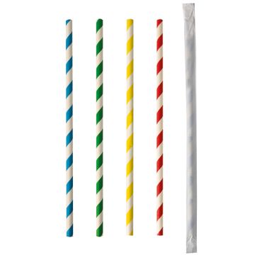 Sugrör av papper "pure" Ø 6 mm · 20 cm sorterade färger "Stripes" singel förpackad