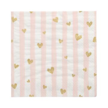 Servett, 3-lags 1/4-vikt 33 cm x 33 cm rosa "Golden Hearts"